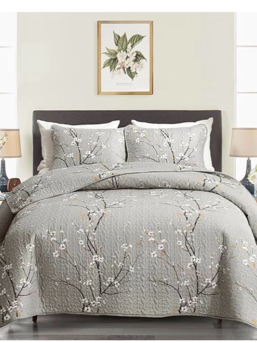 NWOT- Gray Floral Quilt Set - Modern Blossom Bedding